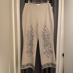 Venus Pants Beaded High Waisted Linen Blend Flare Bohemian Tan Size 8